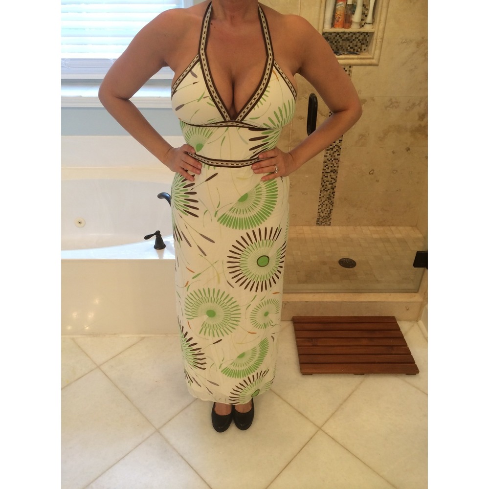 Eva Franco Anthropologie Kingston Road Tropical Halter Maxi Dress Green White 6